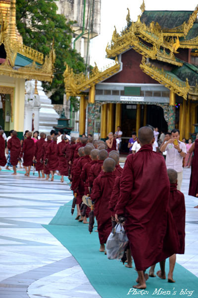 The monks going around for a ceremony in the afternoon at Shwedagon Pagoda